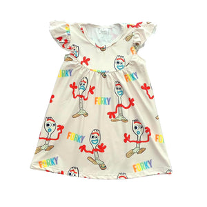 Brand new design baby girls' dresses pearl sleeve in cute forky prints kids wear clothing