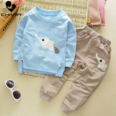 2Pcs Newborn Baby Boys Girls Clothes Set Spring Autumn Boys Cartoon Elephant Long Sleeve O-neck Tops + Pants Kids Clothing Sets