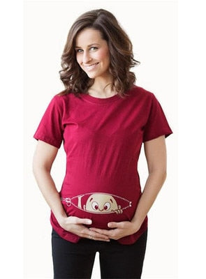 New 2018 Summer Maternity Pregnancy T Shirt Women Cartoon Tee Baby Print Staring Pregnant Clothes Funny T-shirt Plus Size M-3XL