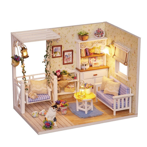 Nuevos Kits de BRICOLAJE casa de Muñecas de Madera Muebles en miniatura con LED + Muebles + Muñeca cubierta habitación H13