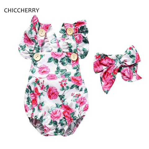 Fashion Newborn Baby Girl Summer Clothes Floral Print Bodysuit + Headband Two Piece Set Infant Clothing Roupa Infantil