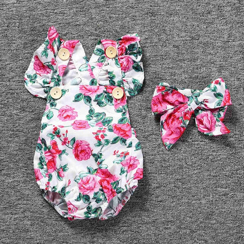 Fashion Newborn Baby Girl Summer Clothes Floral Print Bodysuit + Headband Two Piece Set Infant Clothing Roupa Infantil