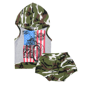 Infant Baby Boy Clothes Set Summer Cotton Camouflage Sleeveless Hooded T-shirt Vest+Short Pants 2Pcs Baby Clothing Set