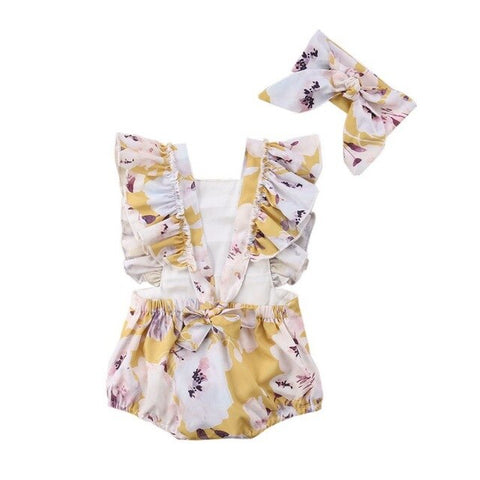 Girls' children's clothing, floral, simple back strap, printed headband, two-piece suit