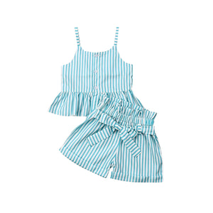 Baby Girls Summer Clothes 2019 Brand New Strap Stripe Bow-knot Belt Girls' Clothing Sets Tops+Shorts 6M-6Y 80-120 Size Drop Ship