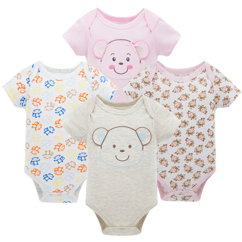 Honeyzone Baby Girl Clothing Set Summer Short Sleeve Baby Boys' Bodysuits 4Pcs Cotton Cute Cartoon Animals Printing