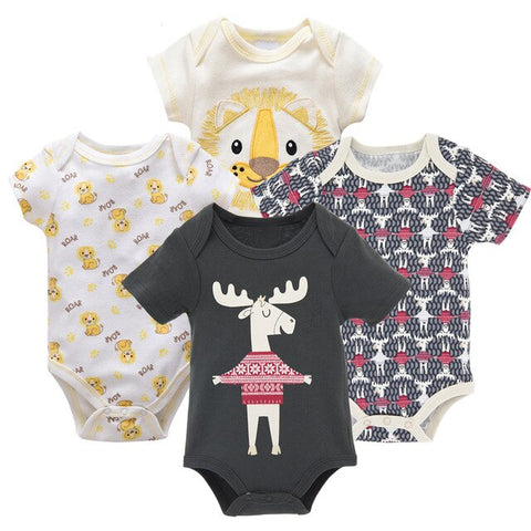 Honeyzone Baby Girl Clothing Set Summer Short Sleeve Baby Boys' Bodysuits 4Pcs Cotton Cute Cartoon Animals Printing