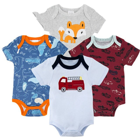 Honeyzone Baby Girl Clothing Set Summer Short Sleeve Baby Boys' Bodysuits 4Pcs Cotton Cute Cartoon Animals Printing