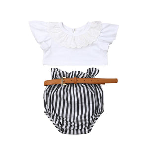 2019 Toddler Baby Girls White Shirt Crop Vest Top Striped Shorts Belt 3pcs Autumn Fashion Kid Girls' Clothing Set 1-6Y