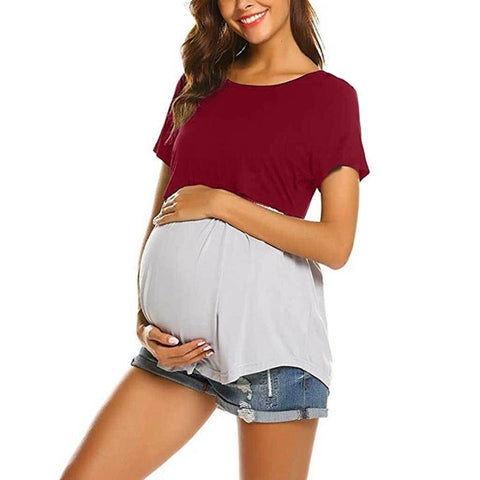 Chivry Maternity Tops Breastfeeding Clothes Patchwork Short Sleeve Pregnant Clothes Summer Women Nursing Tops Pregnancy T Shirt