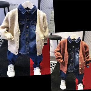 Children's jacket set children's clothing baby clothes boys' clothing solid color knit cardigan + denim shirt + jeans