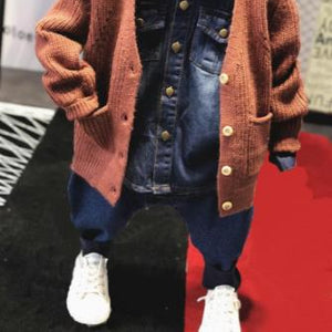 Children's jacket set children's clothing baby clothes boys' clothing solid color knit cardigan + denim shirt + jeans