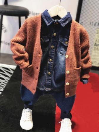 Children's jacket set children's clothing baby clothes boys' clothing solid color knit cardigan + denim shirt + jeans