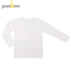 Pureborn Maternity Clothes O-neck Cotton Shirts for Pregnant Woman Long Sleeve Pregnancy Clothes Solid Nursing Feed Tops