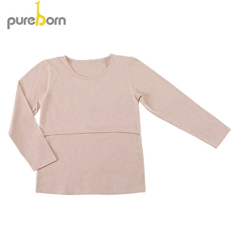 Pureborn Maternity Clothes O-neck Cotton Shirts for Pregnant Woman Long Sleeve Pregnancy Clothes Solid Nursing Feed Tops