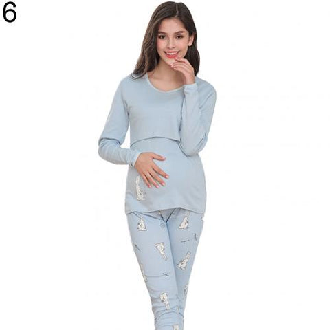 Autumn and winter indoor women's pregnancy pajamas cartoon animal pregnant women breastfeeding pajamas set