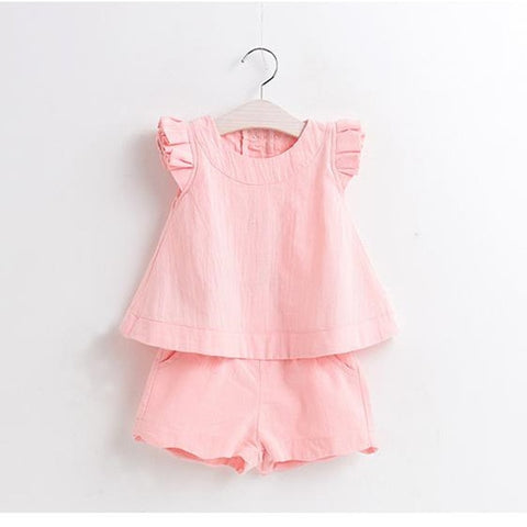 Girls' Set 2020 Summer New Fashion Fungus Flying Sleeveless Sleeveless Solid Color Top + Shorts 2 Pieces Children's Clothing