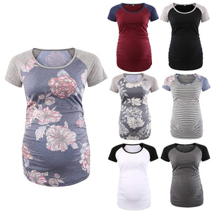 Women's Maternity T-shirt Short Sleeve Flower Printing Patchwork Striped Pregnant Tshirt Blouses Summer Women Pregnancy Tops Tee