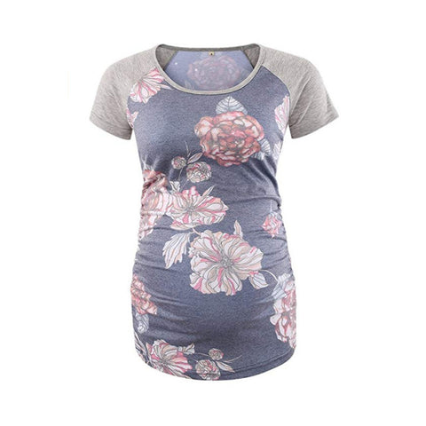 Women's Maternity T-shirt Short Sleeve Flower Printing Patchwork Striped Pregnant Tshirt Blouses Summer Women Pregnancy Tops Tee