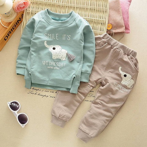 2Pcs Newborn Baby Boys Girls Clothes Set Spring Autumn Boys Cartoon Elephant Long Sleeve O-neck Tops + Pants Kids Clothing Sets