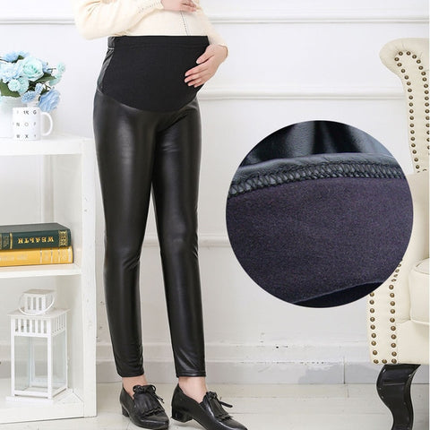 Autumn Winter PU Leather Pregnant Women's Leggings Adjustable High Waist Warm Pants Plus Thin Velvet Plus Size Pregnancy Clothes