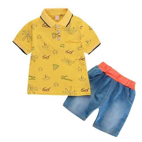 Children\'s Causal Print Clothing Set Boys Lapel Short T-shirt Tops+Denim Shorts Outfits Kids  Fashion Suits Sleeve Shorts 0-4Y