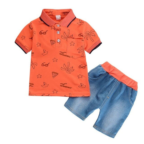 Children\'s Causal Print Clothing Set Boys Lapel Short T-shirt Tops+Denim Shorts Outfits Kids  Fashion Suits Sleeve Shorts 0-4Y