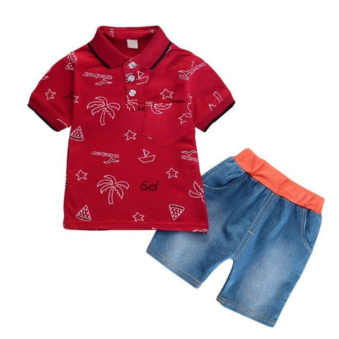 Children\'s Causal Print Clothing Set Boys Lapel Short T-shirt Tops+Denim Shorts Outfits Kids  Fashion Suits Sleeve Shorts 0-4Y