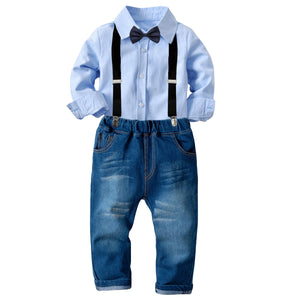 2020 New Boys' Cotton Long-sleeved Blue Shirts+Black Bow +Suspenders Pants 3Pcs Gentleman Baby Clothing Set Boy Wear Wedding