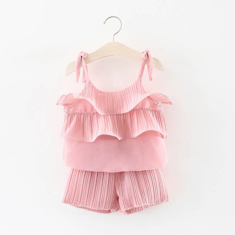 Hot Children'S Clothing Female Baby Summer Solid Color Chiffon Sling Tops Plus Pants Two-Piece Suit