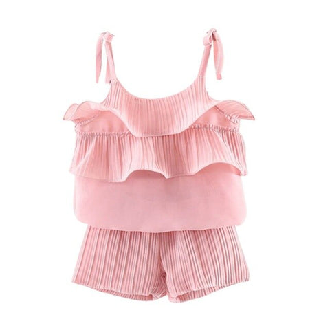 Hot Children'S Clothing Female Baby Summer Solid Color Chiffon Sling Tops Plus Pants Two-Piece Suit