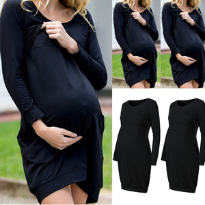 Pregnancy Autumn Dress Women's Long Sleeve Solid O-Neck Dresses With Pocket Props Ropa Premama Winter Mothers Clothing For S-2XL