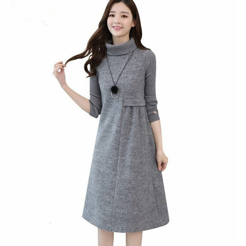 Women's Maternity Dress Knit Long Sleeve High-neck Thick Dress Autumn and Winter Pregnancy Large Size Casual Midi Dress