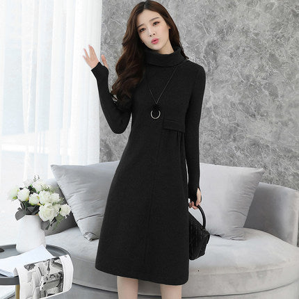 Women's Maternity Dress Knit Long Sleeve High-neck Thick Dress Autumn and Winter Pregnancy Large Size Casual Midi Dress