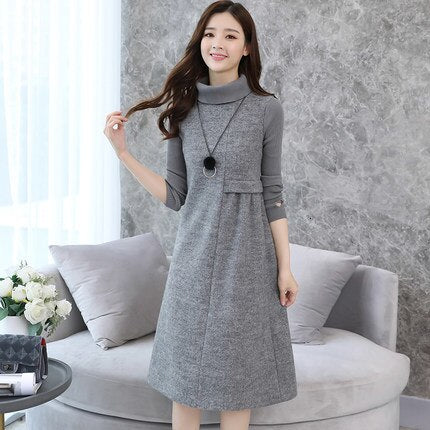 Women's Maternity Dress Knit Long Sleeve High-neck Thick Dress Autumn and Winter Pregnancy Large Size Casual Midi Dress