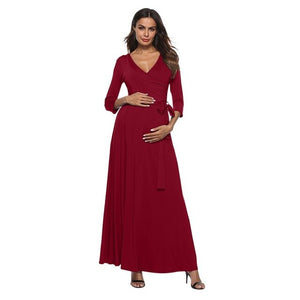 Autumn Winter Women's Pregnancy V Neck High Waist Dress Maternity Waist Belt Long Dress Dress vestido fotos embarazada