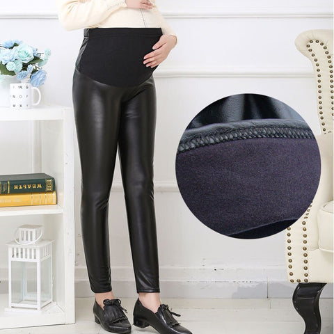 Women's Pregnancy Leggings Adjustable High Waist Warm Pants  Autumn Winter PU Leather Pregnant Plus Thin Velvet Plus Size