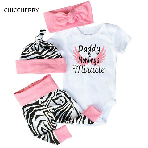 Daddy & Mommy Miracle Short Sleeve Bodysuit Zebra Pants Headband Cap 4PCS Baby Girl Summer Clothes Sets Infant Clothing, 6-24M