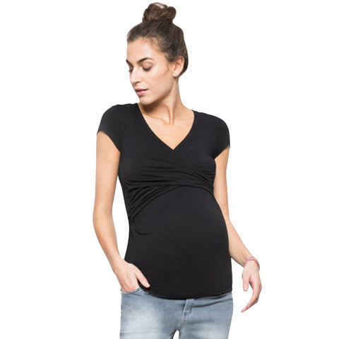 Plus Size V-neck Short Sleeve Maternity Breastfeeding Tops Pregnancy T-Shirts Nursing Clothes For Pregnant Women Feeding Tees