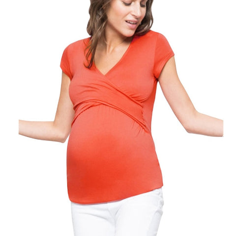 Plus Size V-neck Short Sleeve Maternity Breastfeeding Tops Pregnancy T-Shirts Nursing Clothes For Pregnant Women Feeding Tees