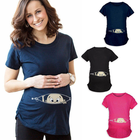 New 2018 Summer Maternity Pregnancy T Shirt Women Cartoon Tee Baby Print Staring Pregnant Clothes Funny T-shirt Plus Size M-3XL