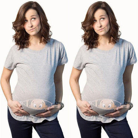 New 2018 Summer Maternity Pregnancy T Shirt Women Cartoon Tee Baby Print Staring Pregnant Clothes Funny T-shirt Plus Size M-3XL