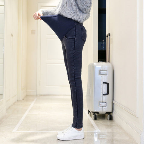 Pregnancy Clothes Jeans for Pregnant Woman Autumn Winter Fleece Denim Thickened Maternity Clothes Support Bell Premama Trousers