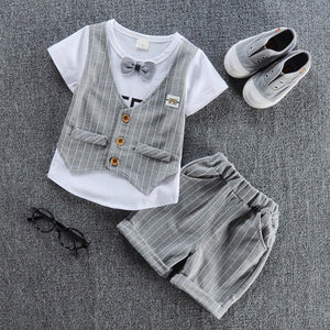 2019 children handsome clothing kids casual T-shirt with fake vest+ pant 2Pcs/set boys fashion summer sets.