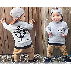 2019 Fashion Newborn Kids Baby Boy clothes Long Sleeved Cotton Grey Sweater+Khaki Trousers 2PCS Trending Clothing Sets Baby Boys