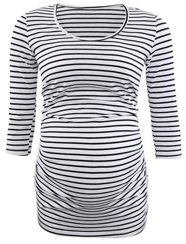 Maternity Clothes Stripes Pregnant Tunic Tops Flattering Side Ruching Pregnancy  3/4 Sleeve  Scoop Neck Jersey Top  T-Shirt